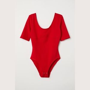 🌶 H&M Underbust Bustier Seam Red Open Back Ribbed Short Sleeves Body Bodysuit